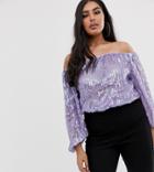 Asos Design Curve Bardot Sequin Embellished Top With Blouson Sleeve - Purple
