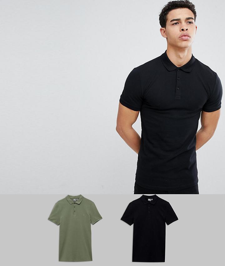 Asos Design Muscle Fit Pique Polo 2 Pack Multipack Saving - Multi