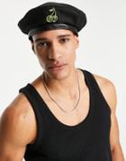 Asos Design Beret Hat With Adjuster And Cherries Embroidery In Black
