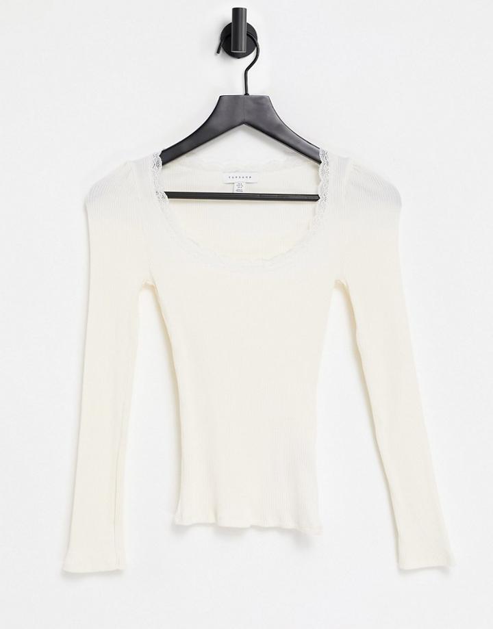 Topshop Long Sleeve Lace Trim Top In Neutral