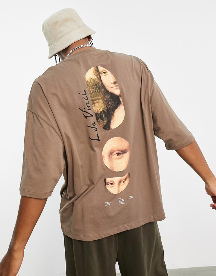 Asos Design Oversized T-shirt With Mona Lisa Prints In Brown