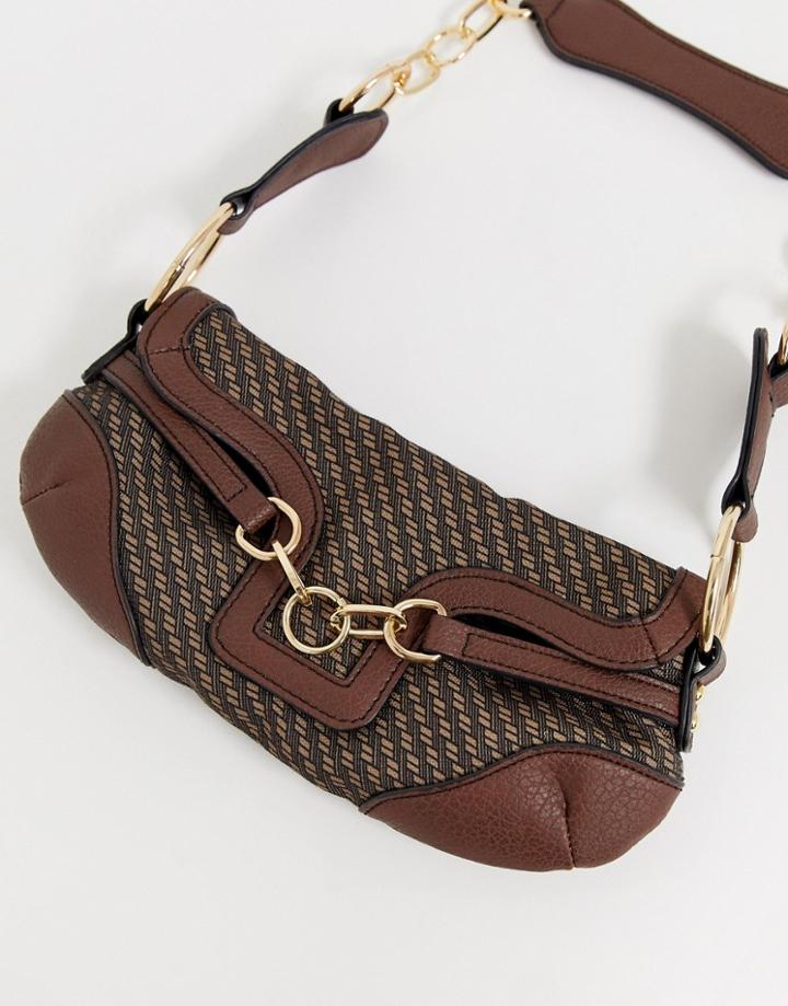 Asos Design 90s Shoulder Bag In Monogram With Hardware Detail-brown
