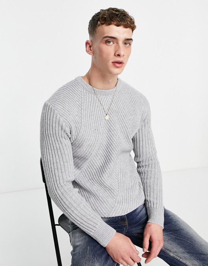 Mennace Slouch Knitted Sweater In Gray With Diagonal Rib Detail-grey
