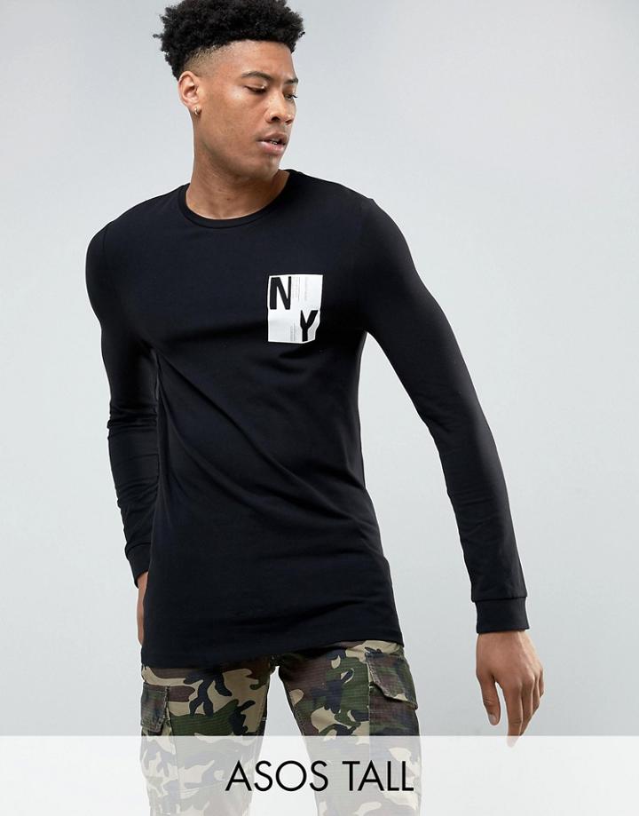 Asos Tall Longline Long Sleeve T-shirt With New York Chest Print - Black