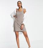 Pieces Tall Knitted Mini Pinafore Dress In Taupe-neutral