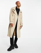 Asos Design Lightweight Longline Double Breasted Trench Coat In Stone-neutral