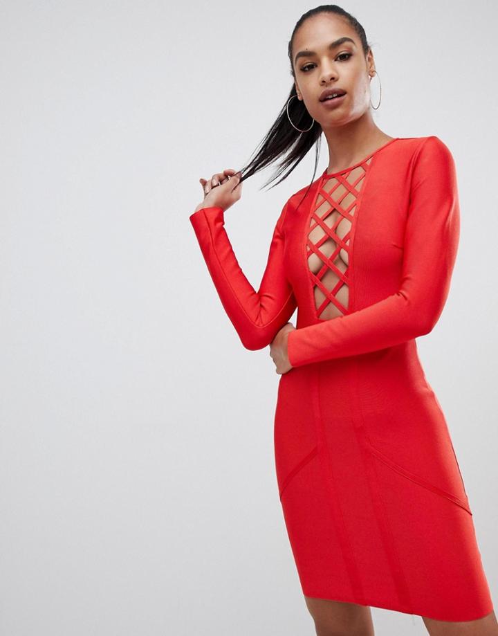 Prettylittlething Lattice Detail Bandage Bodycon Mini Dress In Red - Red