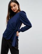 Asos Long Sleeve Blouse With Origami Detail - Navy