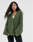 Noisy May Chunky Ribbed Button Front V Neck Cardigan-gold