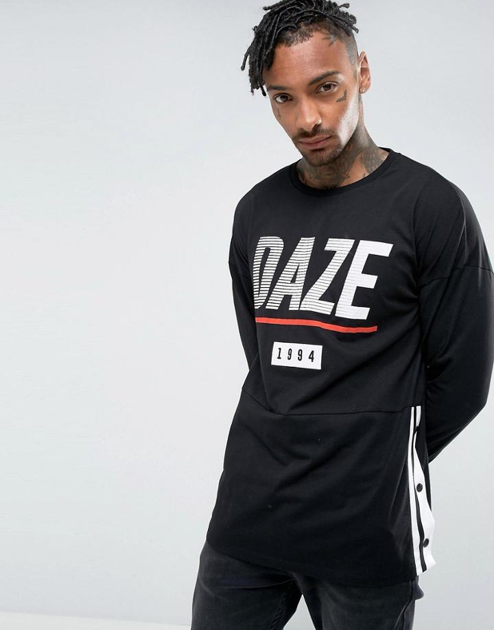 Asos Oversized Long Sleeve T-shirt With Side Popper Detail & Daze Print - Black