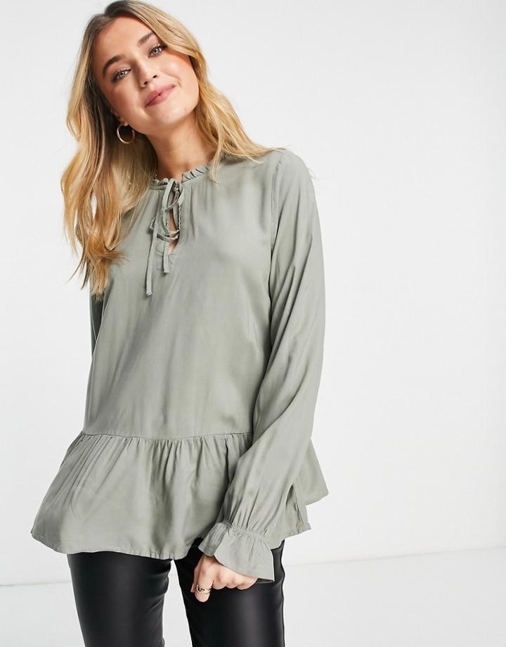 Only Binna Woven Smock Blouse In Dark Sage-green