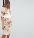 Hope & Ivy Maternity Premium All Over Floral Embroidered Mini Dress-beige