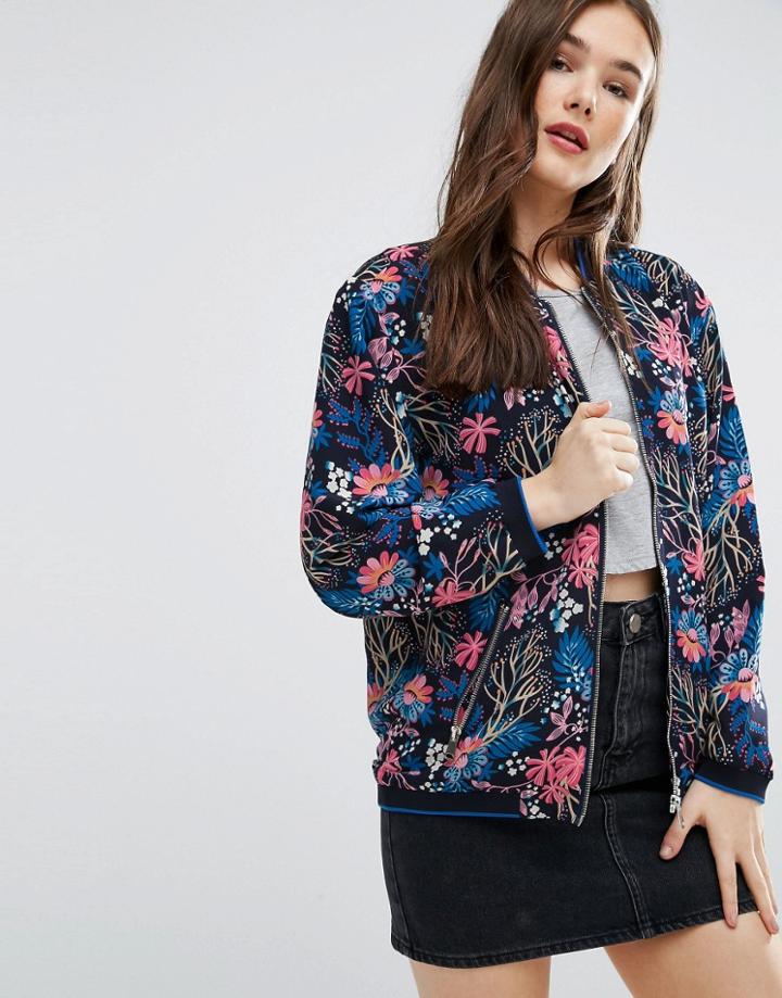 Brave Soul Floral Bomber Jacket - Navy