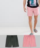 Asos Design Swim Shorts In Pink & Khaki In Mid Length 2 Pack Save - Multi