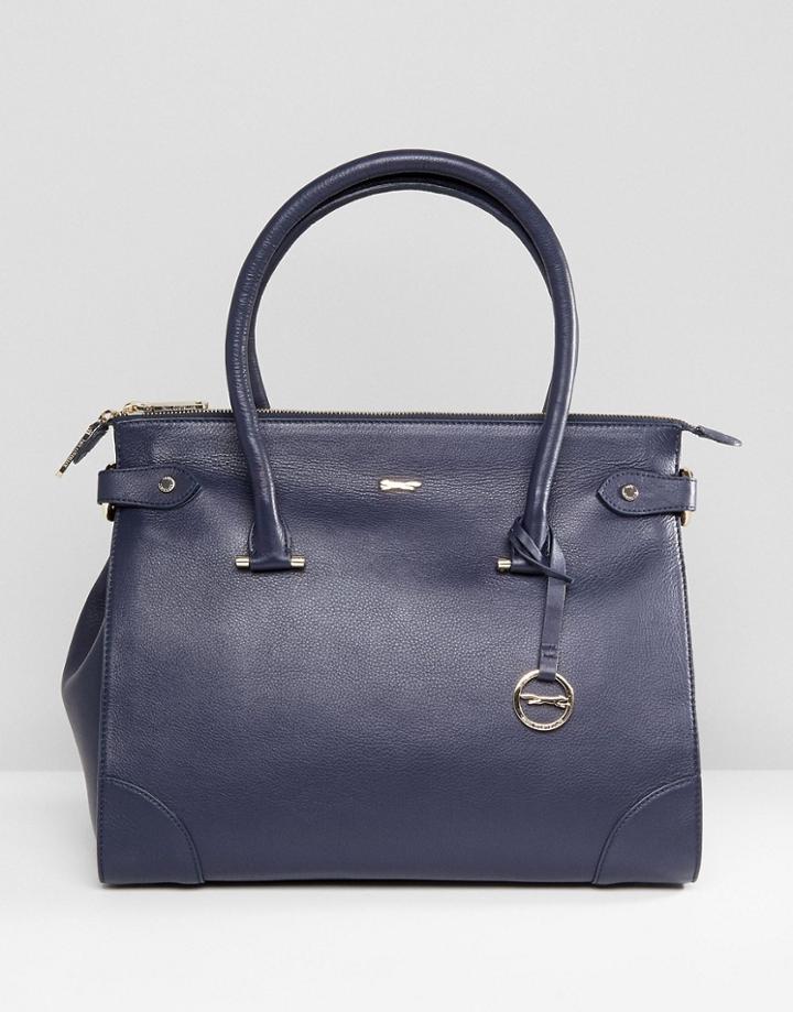 Paul Costelloe Real Leather Classic Zip Top Tote In Navy - Blue