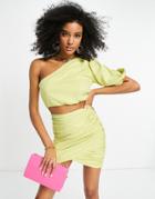 Asos Design One Shoulder Top In Textured Crepe In Lime - Part Of A Set-green