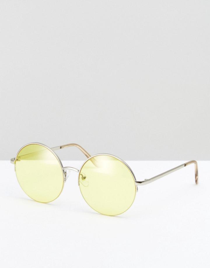 Asos Round Sunglasses In Burnished Silver With Yellow Lens - Silver