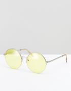 Asos Round Sunglasses In Burnished Silver With Yellow Lens - Silver