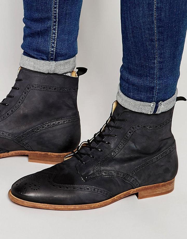 Asos Brogue Boots In Washed Black Leather - Black