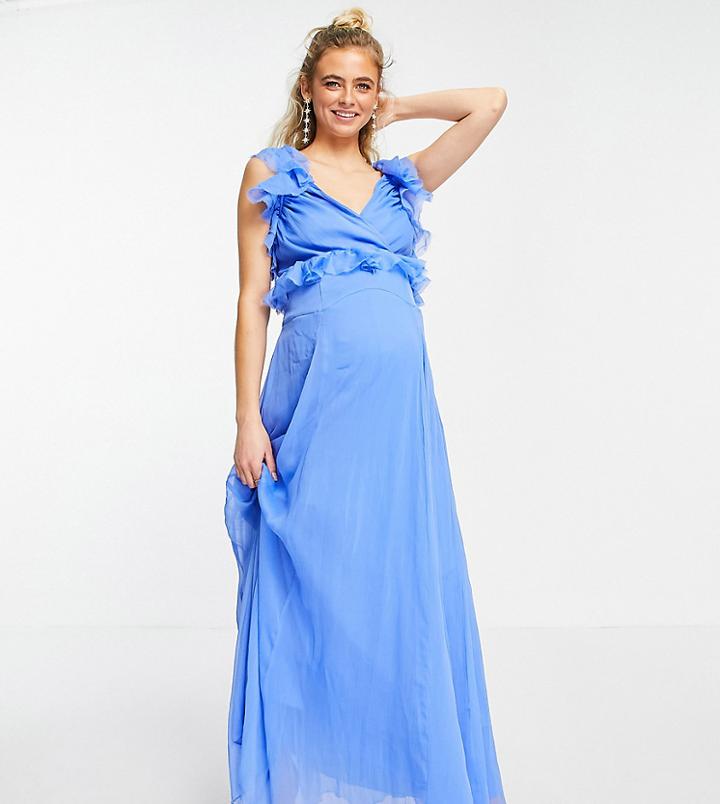 Asos Design Maternity Tiered Ruffle Midi Dress With Tie Back In Blue-blues