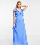 Asos Design Maternity Tiered Ruffle Midi Dress With Tie Back In Blue-blues