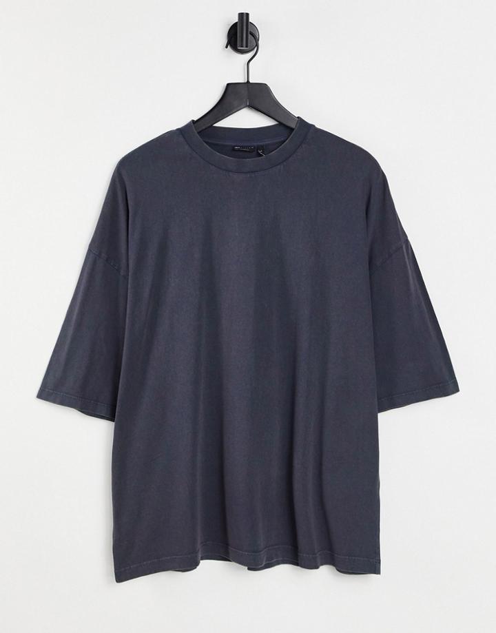 Asos Design Oversized T-shirt In Navy Cotton Blend Acid Wash - Navy