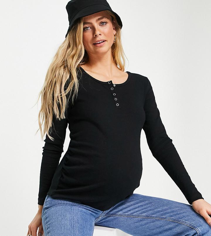 Cotton: On Maternity Henley Long Sleeve Top In Black