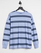 Asos Design Long Sleeve T-shirt With Cuffs And Double Stripe In Blue-multi