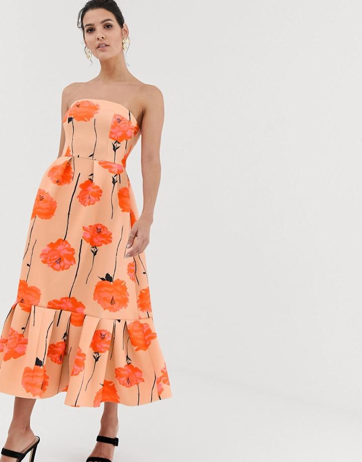 Asos Design Poppy Printed Bandeau Midi Dress With Ruffle Pep Hem - Multi