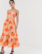 Asos Design Poppy Printed Bandeau Midi Dress With Ruffle Pep Hem - Multi