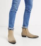 Asos Design Wide Fit Stacked Heel Western Chelsea Boots In Stone Faux Suede With Zips-neutral