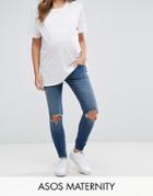 Asos Maternity Ridley Skinny Jeans In Roy Dark Stonewash With Busted Knees - Blue