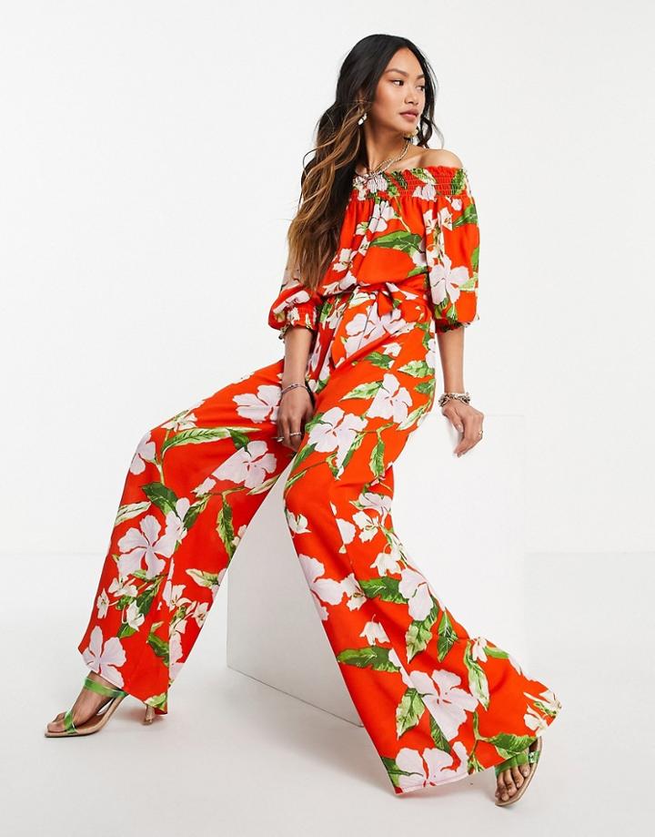 Asos Design Bardot Shirred Wide Leg Jumpsuit In Orange Floral-multi