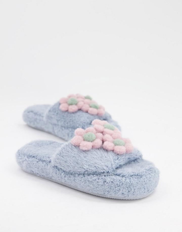 Asos Design Zane Flower Chunky Slider Slipper In Blue-blues