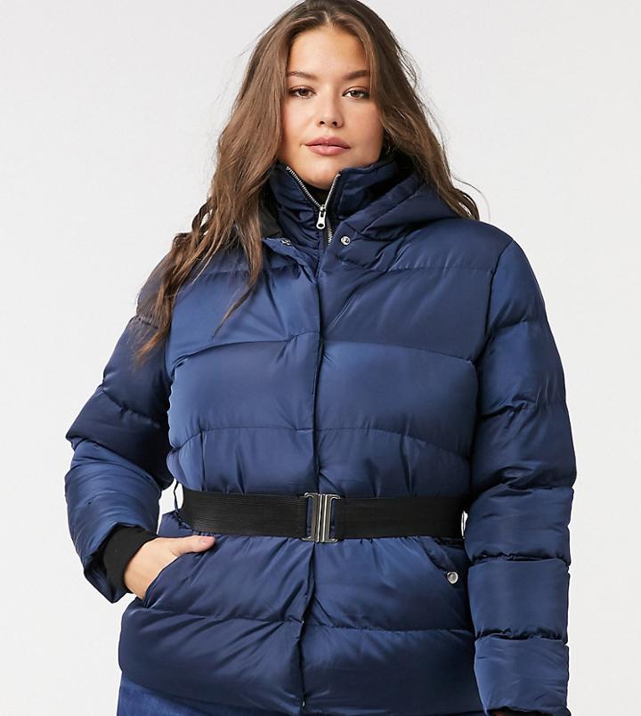 Simply Be Belted Padded Coat In Navy