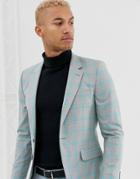 Asos Design Skinny Suit Jacket In Color Pop Gray Check