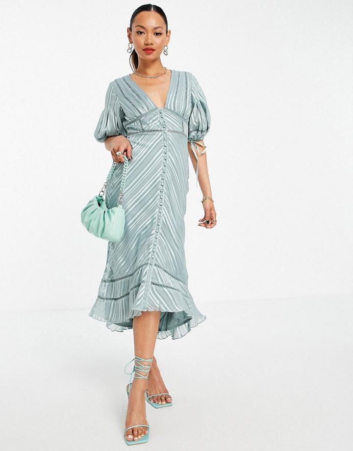 Asos Design Puff Sleeve Midi Dress With Lace Trim In Satin Jacquard-multi
