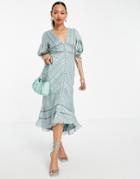 Asos Design Puff Sleeve Midi Dress With Lace Trim In Satin Jacquard-multi