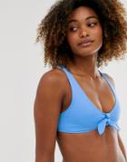 Monki Tie Front Bikini Top In Blue - Blue