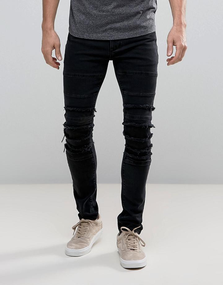 Asos Super Skinny Jeans In Washed Black Biker With Rips - Black