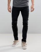 Asos Super Skinny Jeans In Washed Black Biker With Rips - Black
