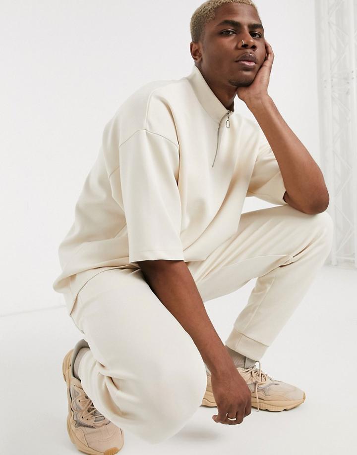 Asos Design Two-piece Oversized T-shirt With Turtle Zip Neck In Beige Scuba Fabric