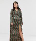 Prettylittlething Plus Tie Side Wrap Front Maxi Dress In Green Chevron Print - Multi