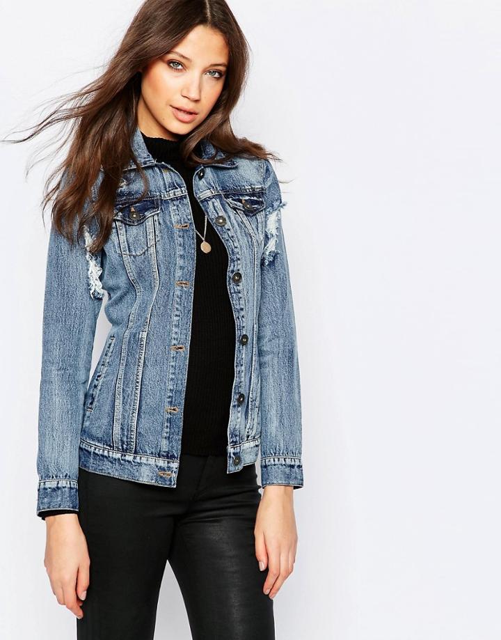 Brave Soul Tall Denim Jacket With Frayed Edge - Mid Wash