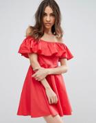 Qed London Frill Bardot Dress - Red