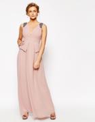 Little Mistress Chiffon Maxi Dress With Pleats And Embellished Shoulders - Pink