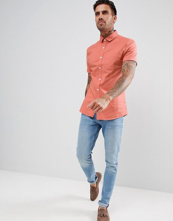 Asos Design Skinny Oxford Shirt In Coral With Short Sleeves - Pink