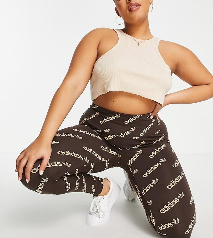 Adidas Originals Plus 'logomania' Repeat Logo Leggings In Brown