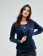 Brave Soul Rosheen Velour Hoody With Lace Up Detail - Blue
