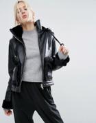 Asos Hooded Leather Look Jacket With Faux Shearling - Black